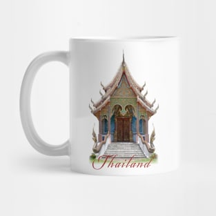 Typical traditional Thai Buddhist temple frontage with the word 'Thailand' written below. Mug